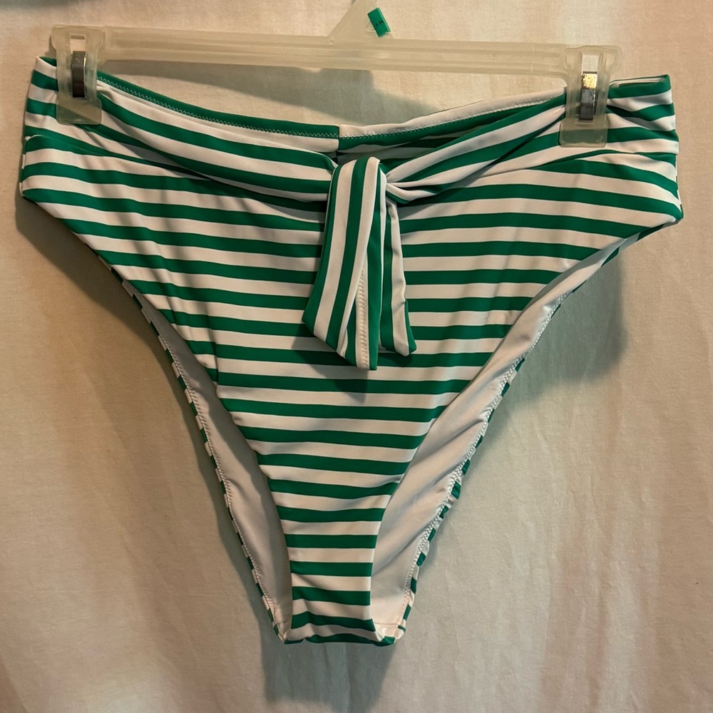 AA-587 Aerie NWT High Cut Cheeky Green & White Stripe Bikini Bottoms Size XL